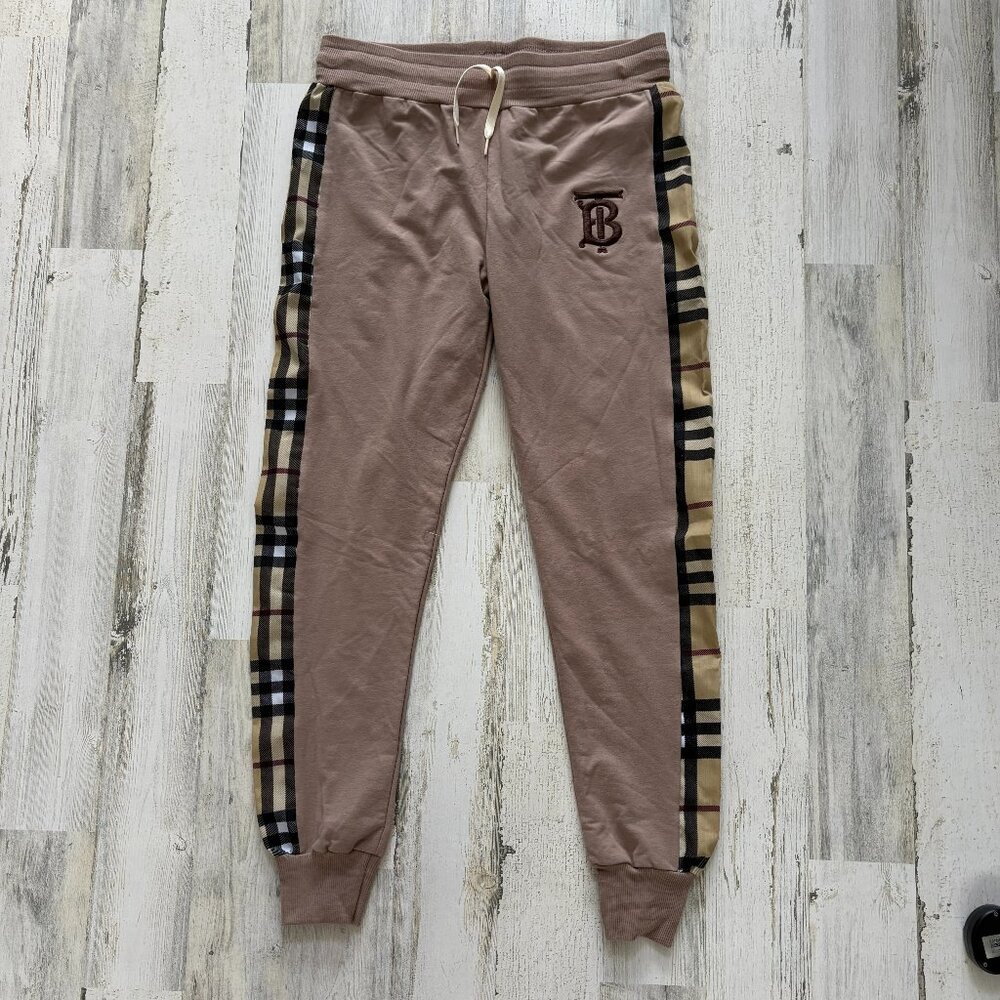 Women's Size Small Tan Jogger Pants w/ Plaid Sides Pull On Pants